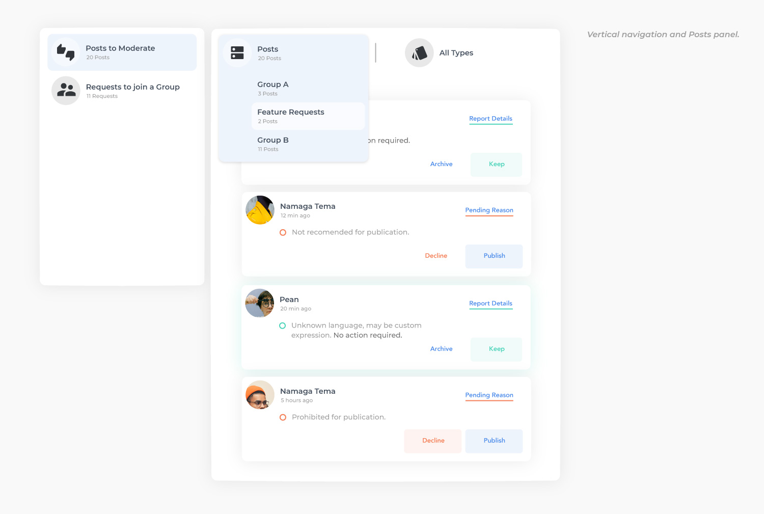 Analyse and model basic UI that will help Admins to filter posts by group and type